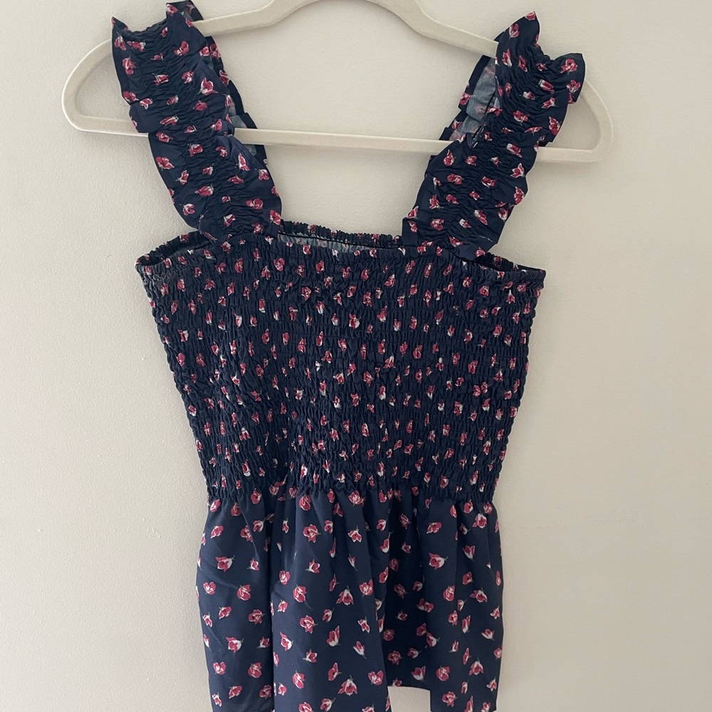 SHEIN Navy and Pink Floral Smocked Tank Top